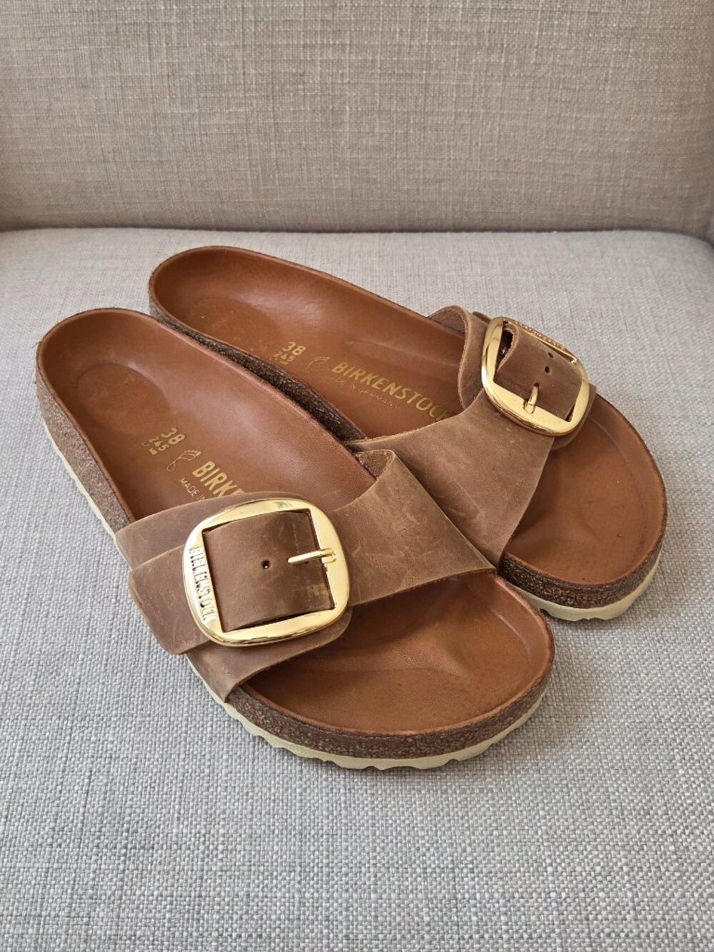Birkenstock Madrid Big Buckle Leather Slide Sandals Size 7 Womens Brown Gold